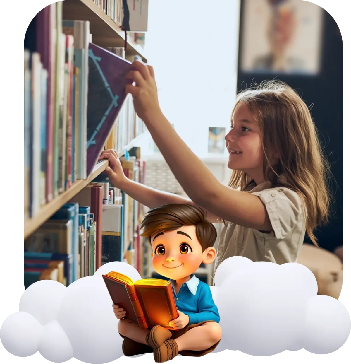 An author reading through stacks of published children's books